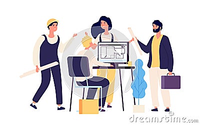 Architects discuss project. Architects and construction workers. Architectural service business vector illustration Vector Illustration