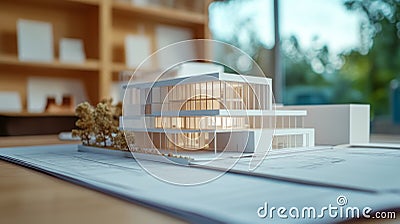 Close-up of architectural blueprints with a detailed scale model of a modern building project in progress Stock Photo