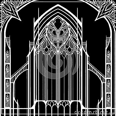 Architectural abstraction, dark castle, gates, portal in the Gothic style Vector Illustration