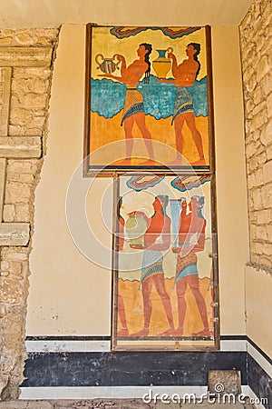 Architectural and artictic details from 3500 years ago at the palace of Knossos, near Heraklion harbor, island of Crete Stock Photo