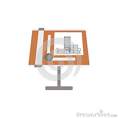 Architectural blueprints and tools on a drawing board, workplace of architect vector Illustration on a white background Vector Illustration