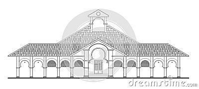 Architectural CAD illustration of a single-story building facade in 2D. Cartoon Illustration
