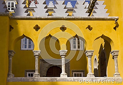 Architectural close up of arch columns in the court of Pena National Palace Editorial Stock Photo