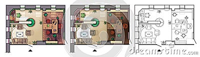 Architectural colorful floor plan of interior working cabinet, modern office, in top view Cartoon Illustration