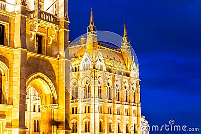 Architectural detail of the building of the Hungarian Parliament at night. Budapest, Hungary Stock Photo
