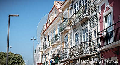 Architectural detail of buildings typical of historic downtown of Lisbon, portugal Editorial Stock Photo
