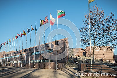 Architectural detail of the Corum, a convention center and Opera Berlioz in Montpellier, France Editorial Stock Photo