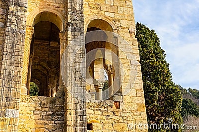 Architectural detail of the famous Romanesque church of Oviedo, Santa Maria del Naranco. Stock Photo