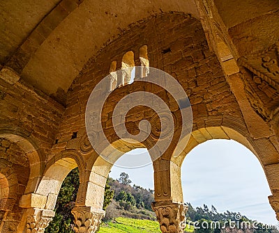 Architectural detail of the famous Romanesque church of Oviedo, Santa Maria del Naranco. Stock Photo