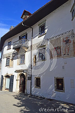 Architectural detail on Hofman House Historic Å kofja Loka, Slovenia Editorial Stock Photo