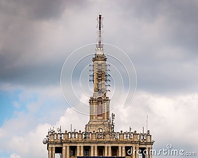 Architectural detail with the House of the Free Press located in Bucharest, Romania Editorial Stock Photo