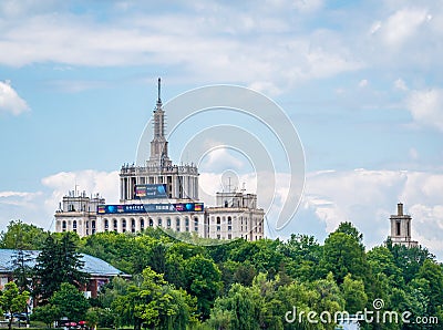 Architectural detail with the House of the Free Press located in Bucharest, Romania Editorial Stock Photo