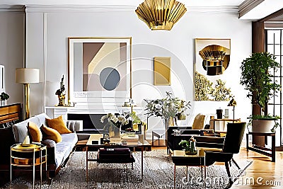 Architectural Digest photo of a Japanese and Scandinavian design style living room with golden light Stock Photo