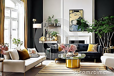 Architectural Digest photo of a Japanese and Scandinavian design style living room with golden light Stock Photo