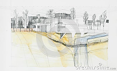 Architectural drawing of building and surroundings Stock Photo