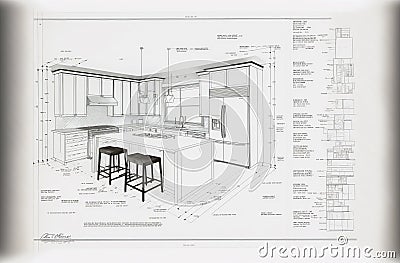 Architectural Drawing with Mock Text and Descriptions of a Custom Kitchen - Generative AI Stock Photo