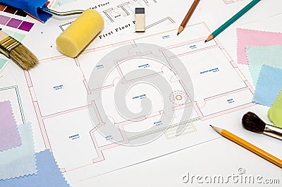 Architectural drawing with paintbrush, color sample Stock Photo