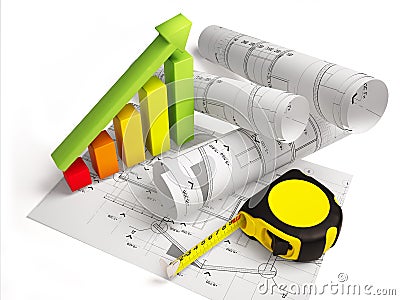 Architectural drawings with construction tools Stock Photo