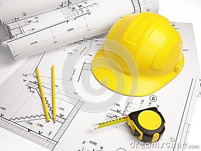 Architectural drawings with construction tools Stock Photo