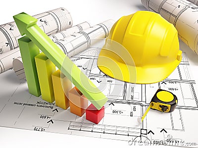 Architectural drawings with construction tools Stock Photo