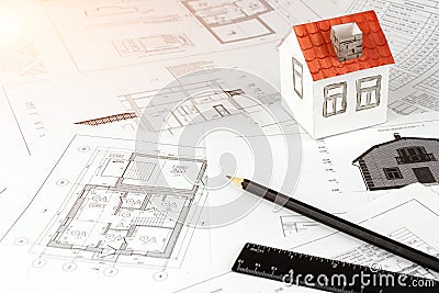 Architectural drawings and house concept. Architect Desk. Engineering blueprint. Construction background. Engineering tools Stock Photo