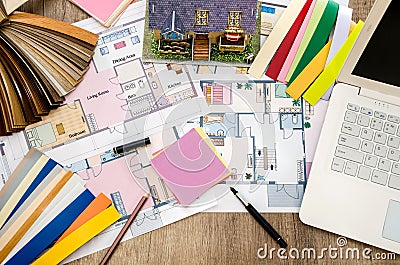 Architectural drawings with samples of materials Stock Photo