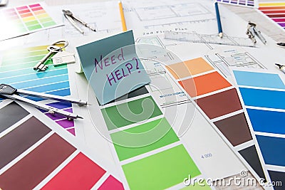 Palette of colors designs for interior works on blueprints brush, sticker Stock Photo