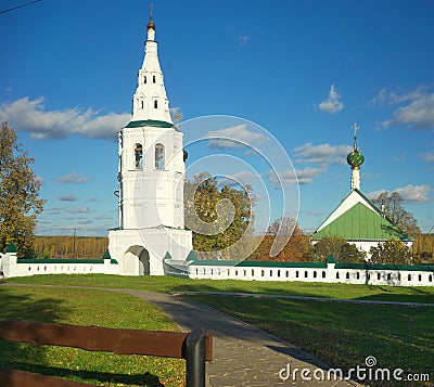 Architectural ensemble in the village of Kideksha. Falling tent bell tower. Stock Photo