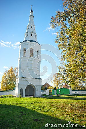 Architectural ensemble in the village of Kideksha. Falling tent bell tower. Stock Photo