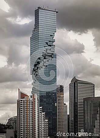 Architectural exterior view of skyscrapers at bangkok city. Geometric of modern high-rise buildings design Editorial Stock Photo