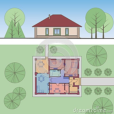 Architectural facade and plan of a house. The drawing of the cottage surrounded by trees. Vector multicolored illustration Cartoon Illustration
