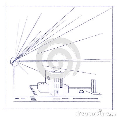 Architectural factory buildings project prospect sketch hand drawn in single point perspective Stock Photo