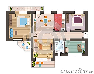 Architectural flat plan top view with living rooms bathroom kitchen and lounge furniture vector illustration Vector Illustration