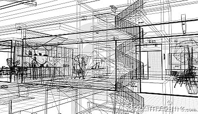 Architectural floor perspective wireframe design illustration Stock Photo