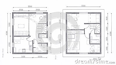 Architectural floor plan of a small house with dimensions on the drawing Stock Photo