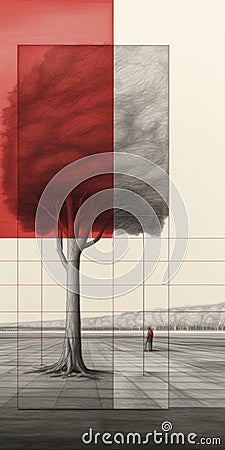 Architectural Grids: A Red Tree In An Empty Field Stock Photo