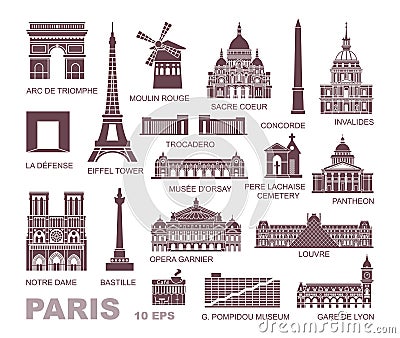 Architectural and historical sights of Paris. Set of high quality icons Vector Illustration