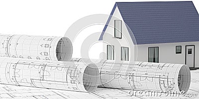 Architectural house building plan rolls and miniature house model on architectural building construction drawing plans over white Cartoon Illustration
