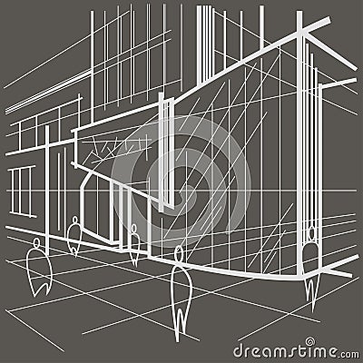 Architectural linear sketch modern building on gray background Vector Illustration