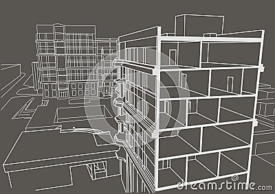 Architectural linear sketch multistory apartment building. Sectional drawing gray background Vector Illustration