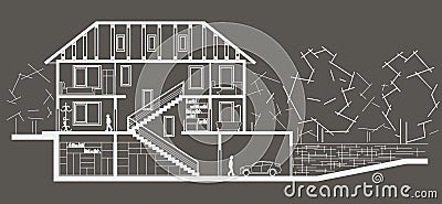 Architectural linear sketch tree level house Vector Illustration