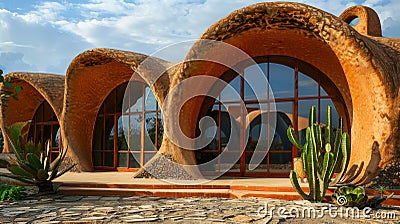 An architectural marvel made entirely of earthen clay featuring curved walls and stunning arched windows that push the Stock Photo