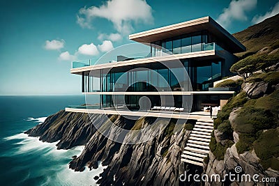 An architectural masterpiece - a cantilevered, glass-walled modern house Stock Photo