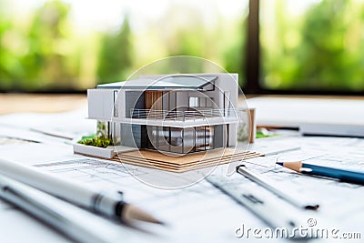 Architectural model with blueprints on desk Stock Photo