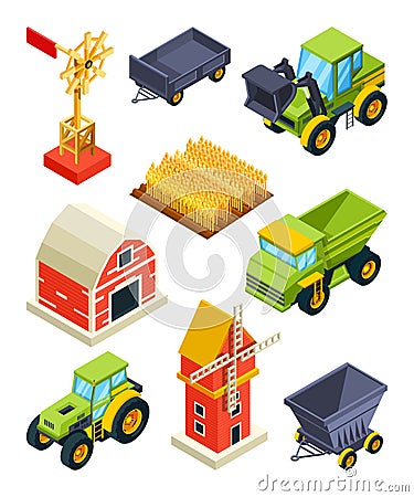 Architectural objects of farm or village. Isometric agricultural machines Vector Illustration