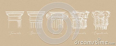 Architectural orders. 5 types of classical capitals - tuscan, doric, ionic, corinthian and composite Vector Illustration