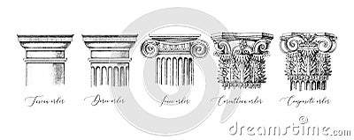 Architectural orders. 5 types of classical capitals - tuscan, doric, ionic, corinthian and composite Vector Illustration