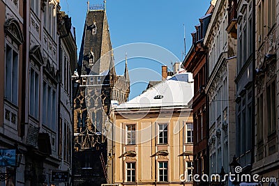 Architectural parts of gothic Powder gate tower, Celetna Street, stone carved art ornament detail, medieval ancient, Stare Mesto Editorial Stock Photo