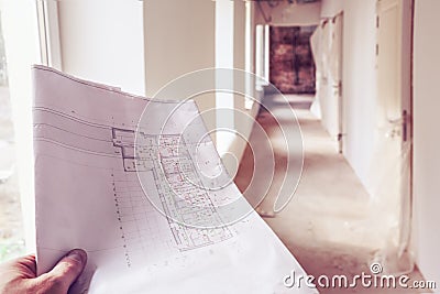 Architectural plan with details, marked by measurements, construction and design details in engineer hand and corrido Stock Photo