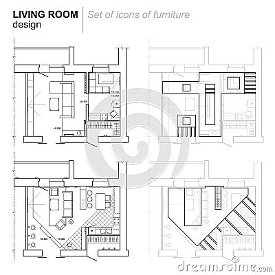 The architectural plan. the layout of the apartment with the furniture in the drawing view. Vector Illustration